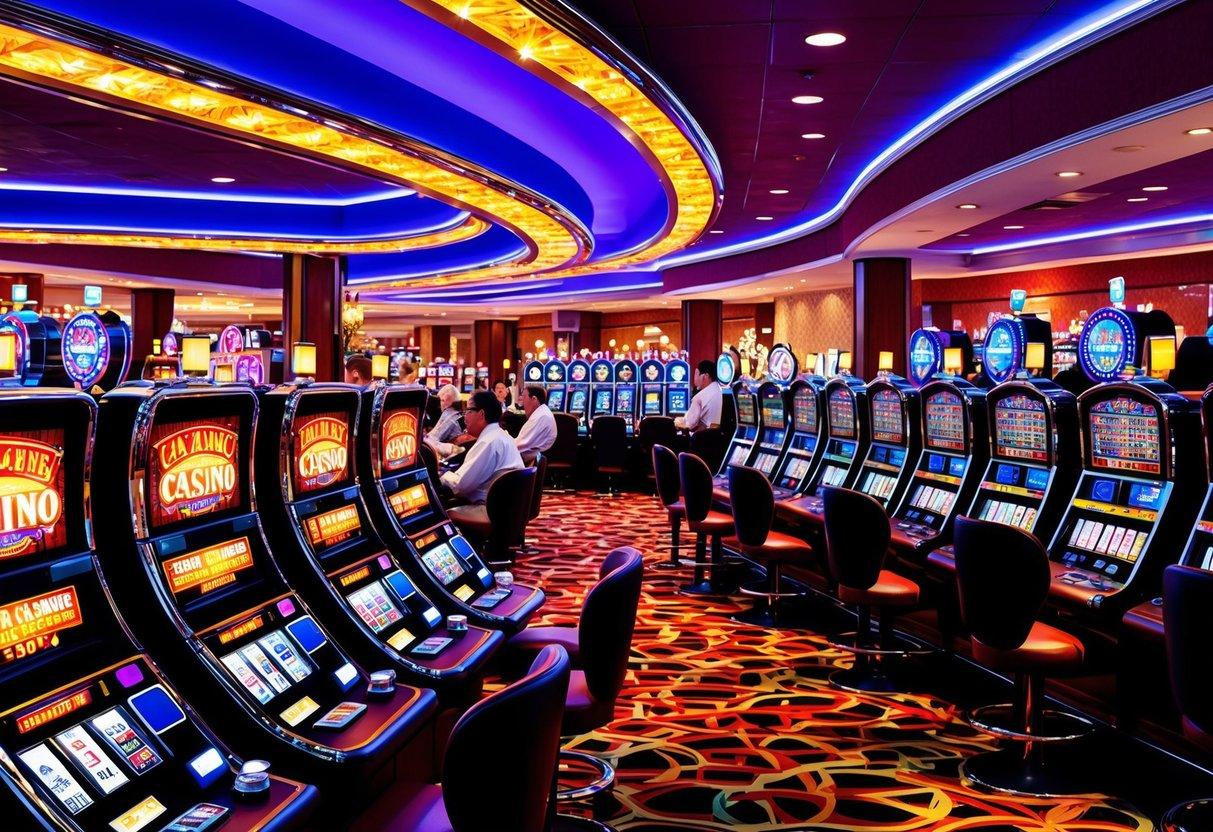 A vibrant casino floor filled with flashing lights and rows of colorful slot machines, with players eagerly trying their luck