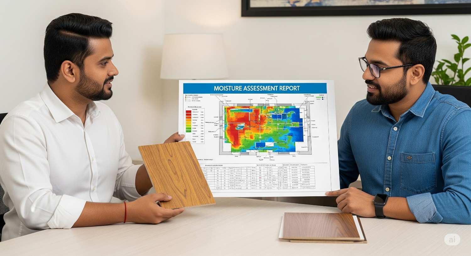 Interior design consultation showing moisture assessment for material selection in Bangalore home