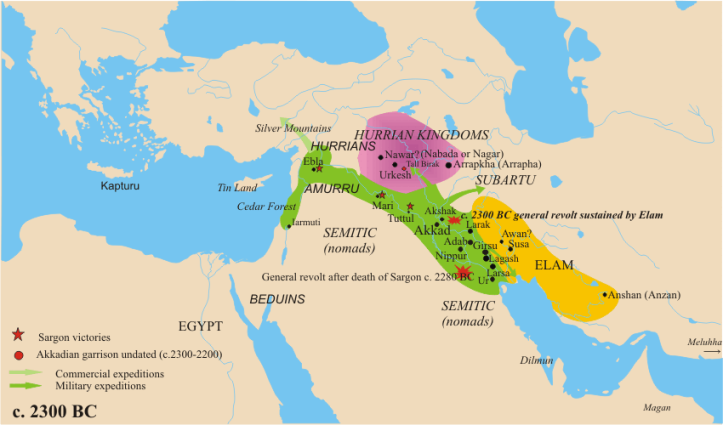 紀元前2300年頃のアッカド帝国(緑部分)