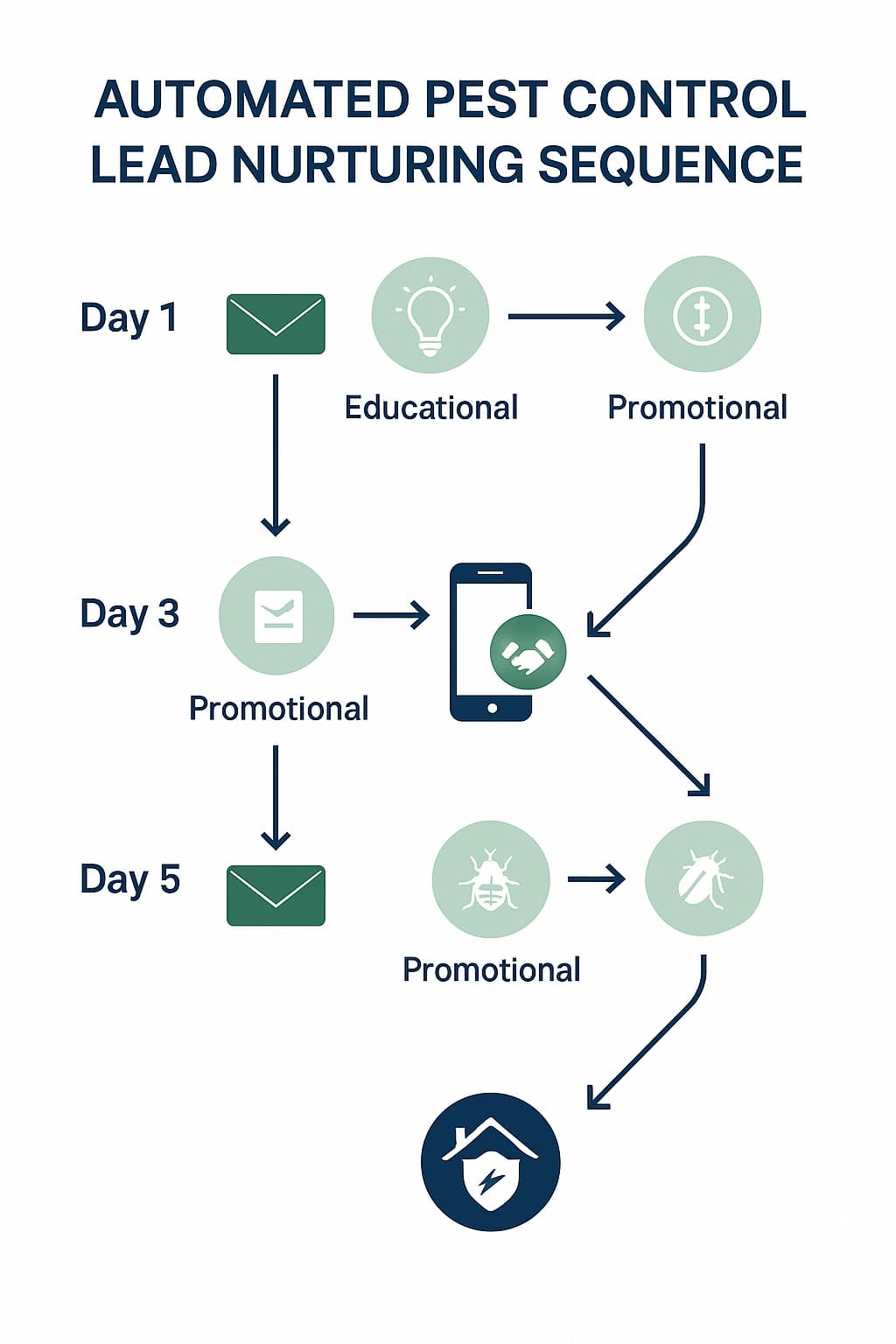 Automated pest control marketing workflow showing lead nurturing sequence with branching logic for better conversions.