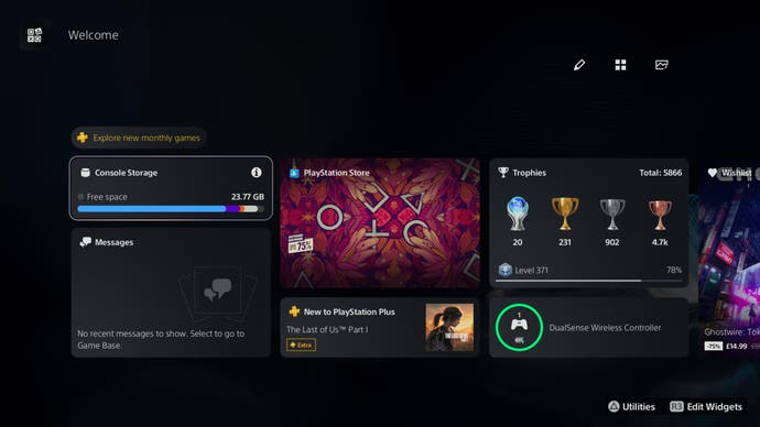 Tangkapan layar PS5 Welcome Hub dengan berbagai widget