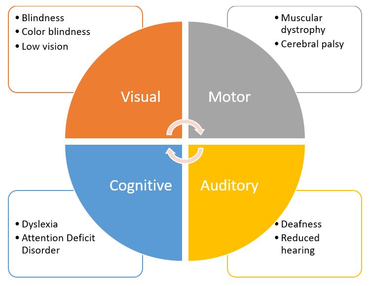 visual, motor, cognitive, auditory impairments