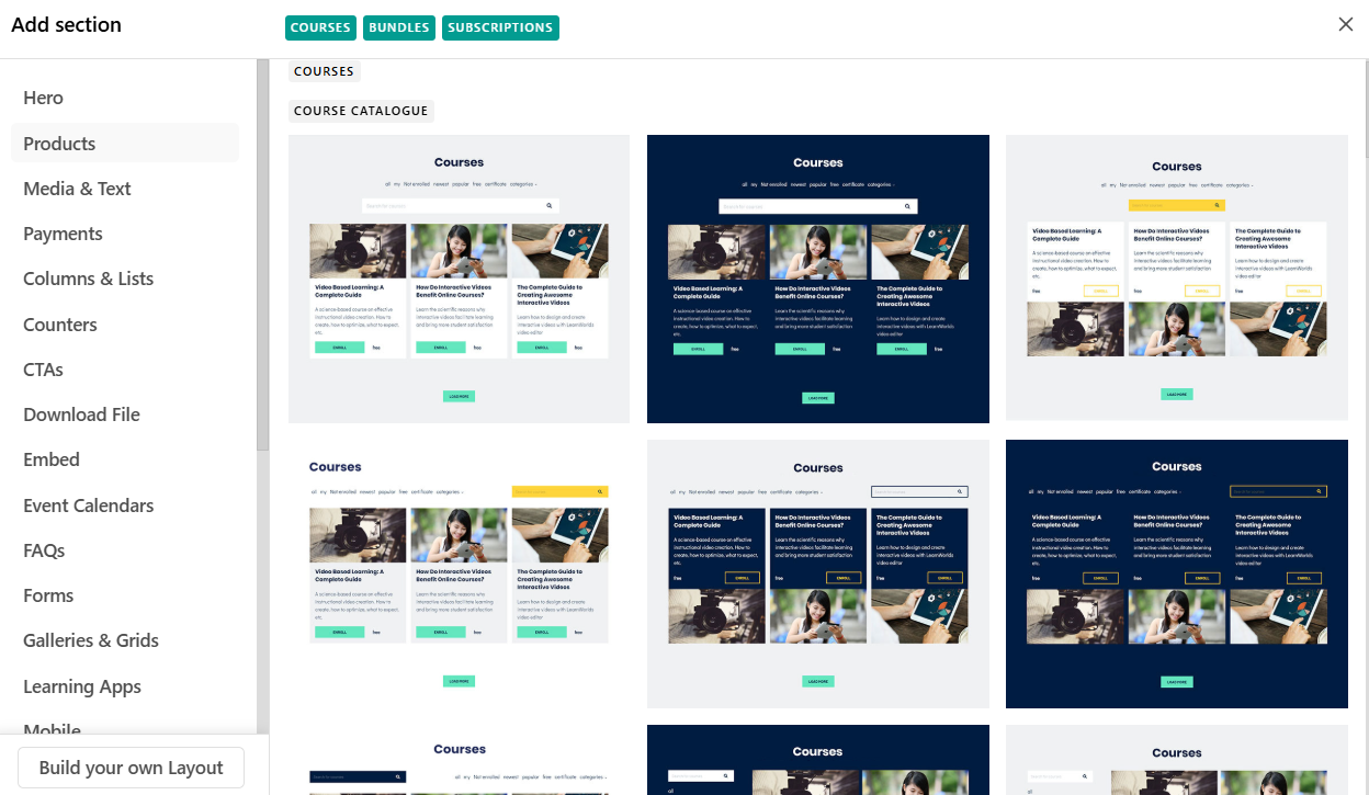 learnworlds section templates and themes
