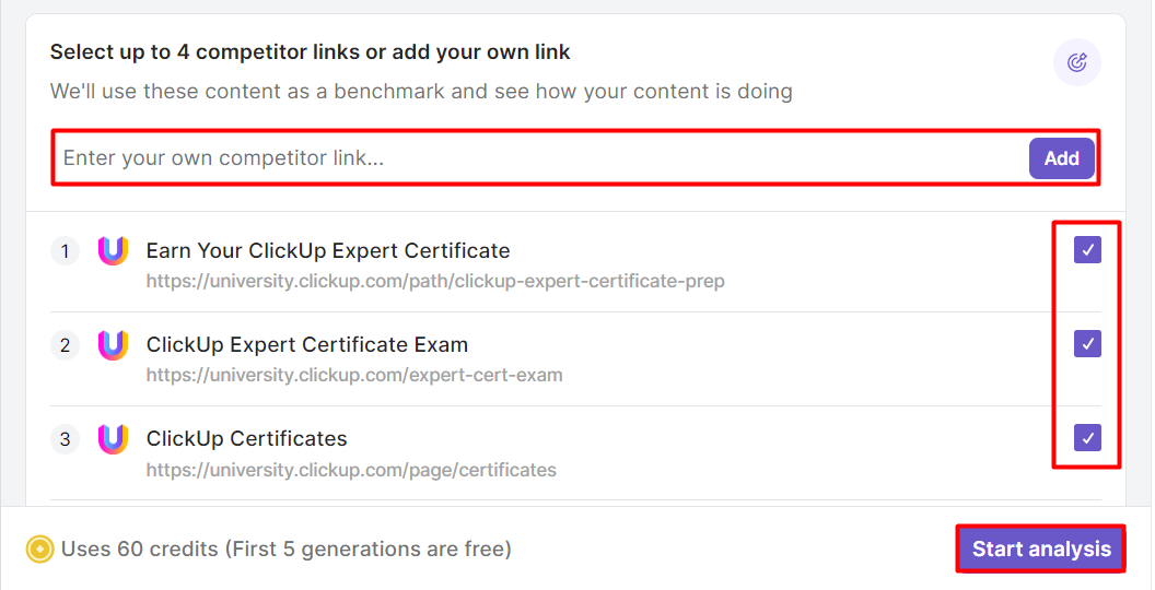 add competitor links manually or select from suggested links