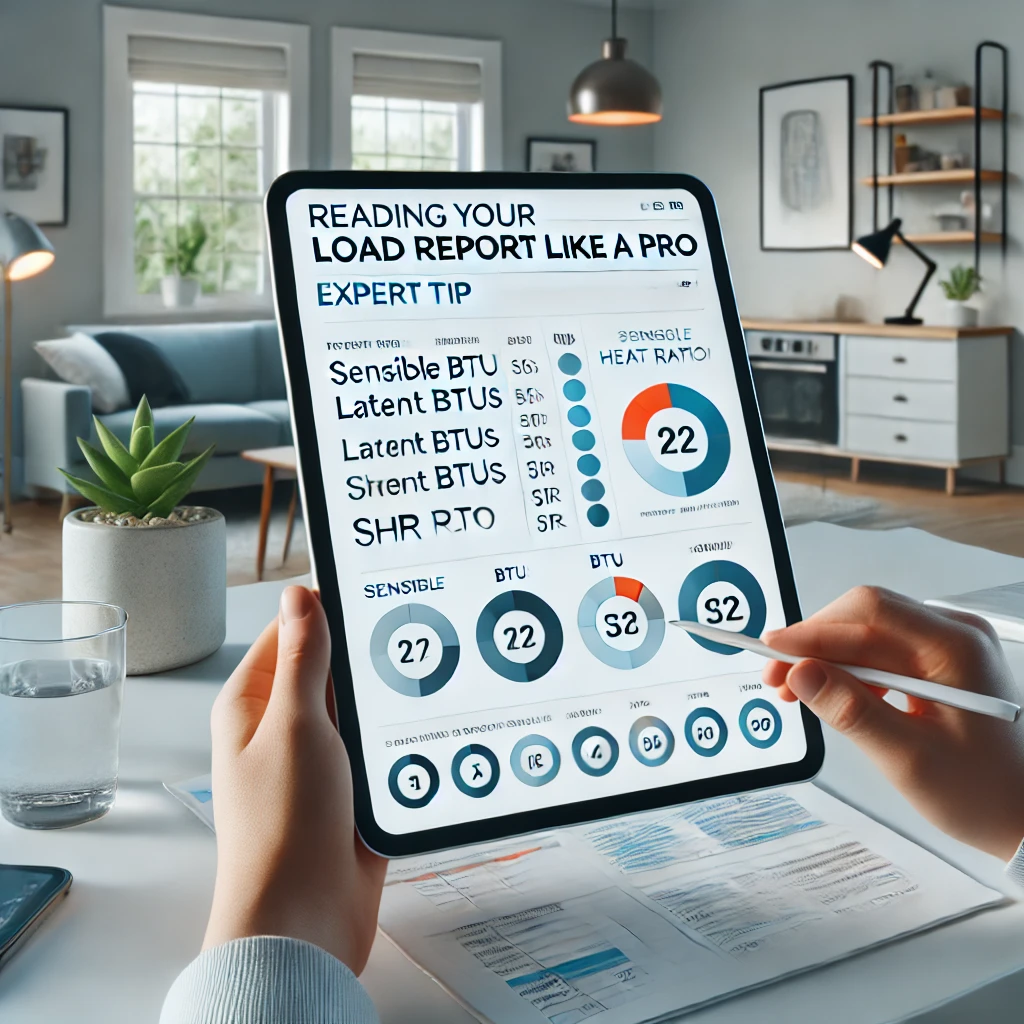 Manual J HVAC load report shown on a tablet or paper, with highlighted sensible BTUs, latent BTUs, and SHR, reviewed by a technician in a clean workspace for The Furnace Outlet.
