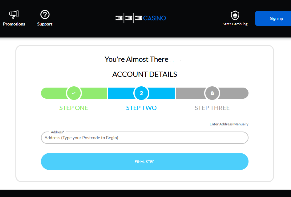 333 Casino sign up - step three