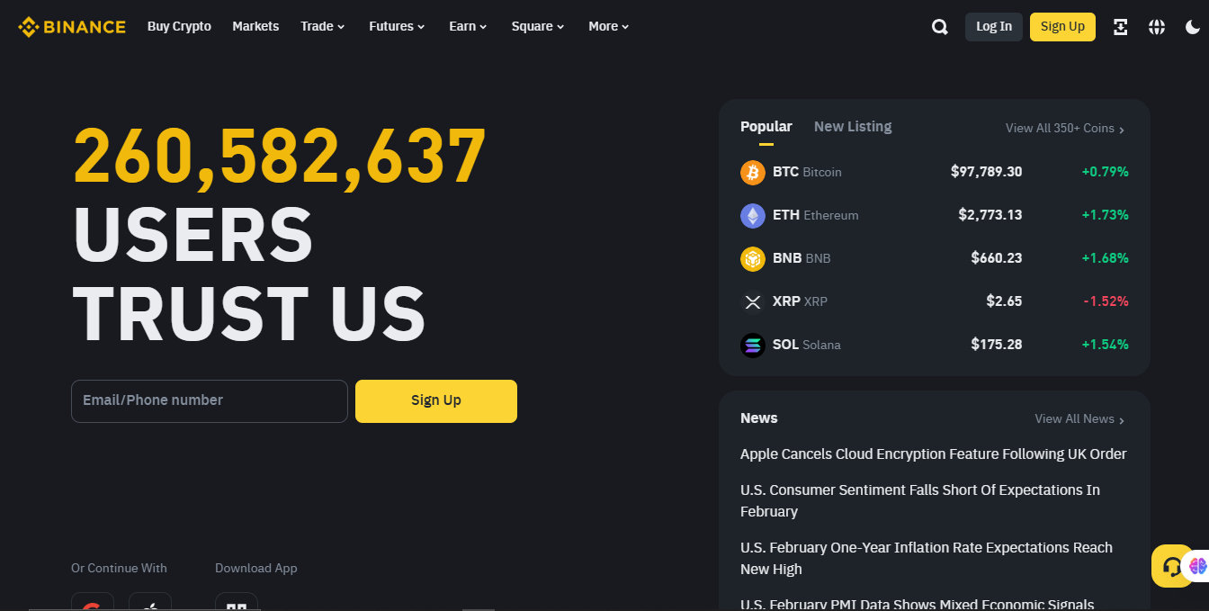 Binance homepage