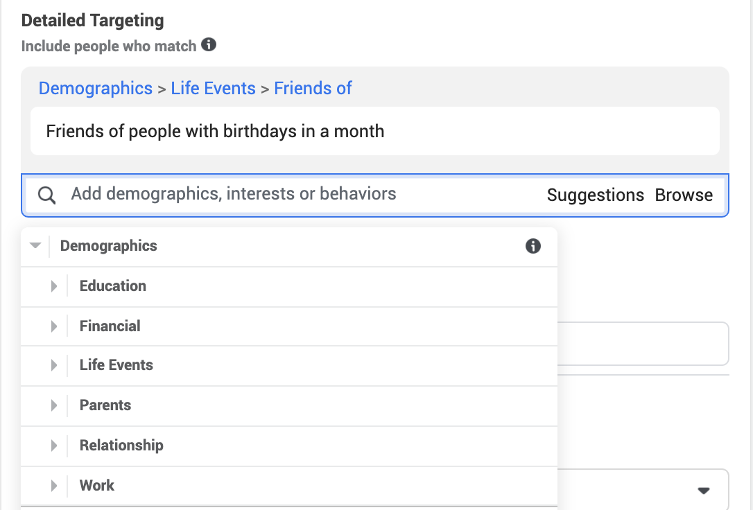 Facebook Demographics subcategories