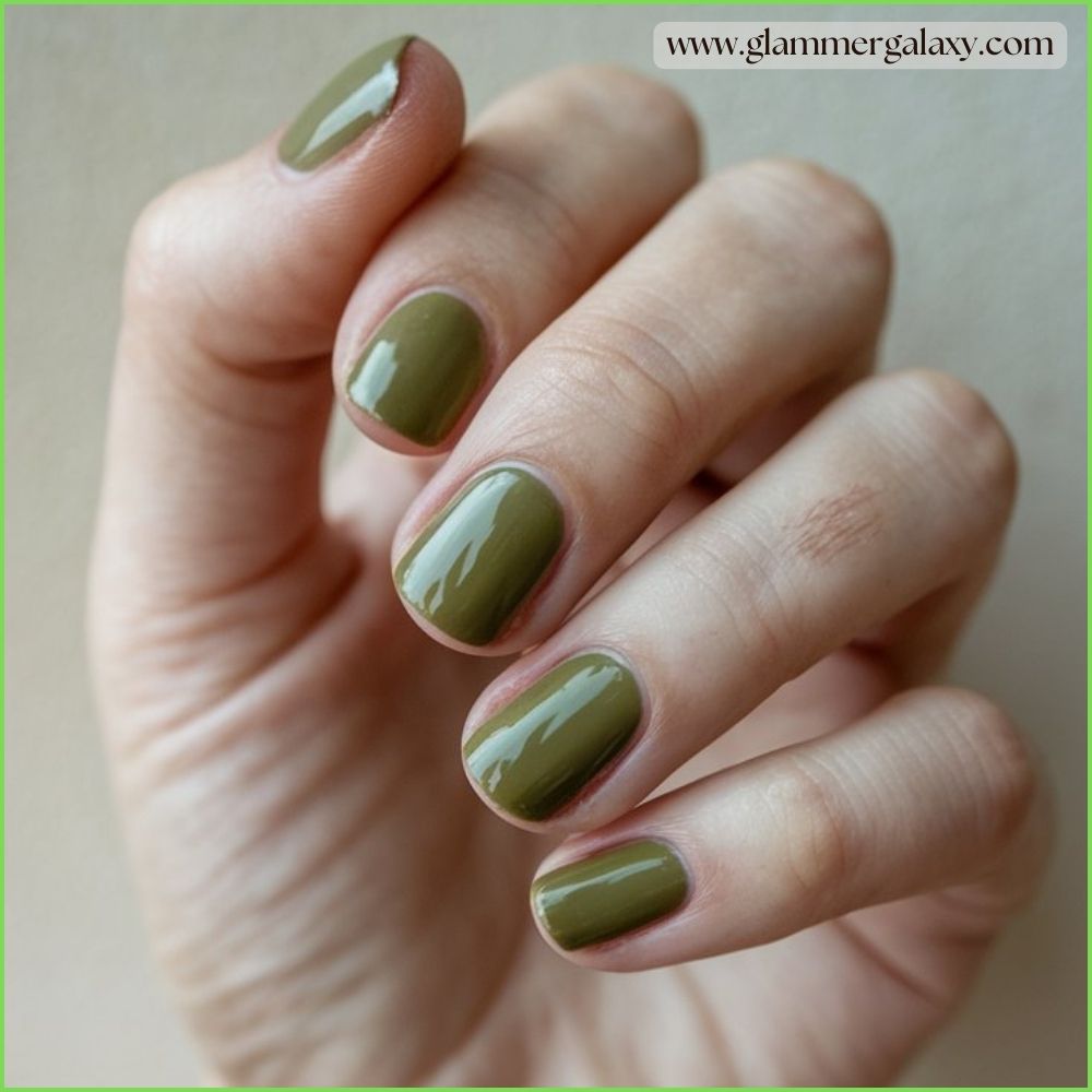 Close up of green fall nails The Timelessness of Olive Green