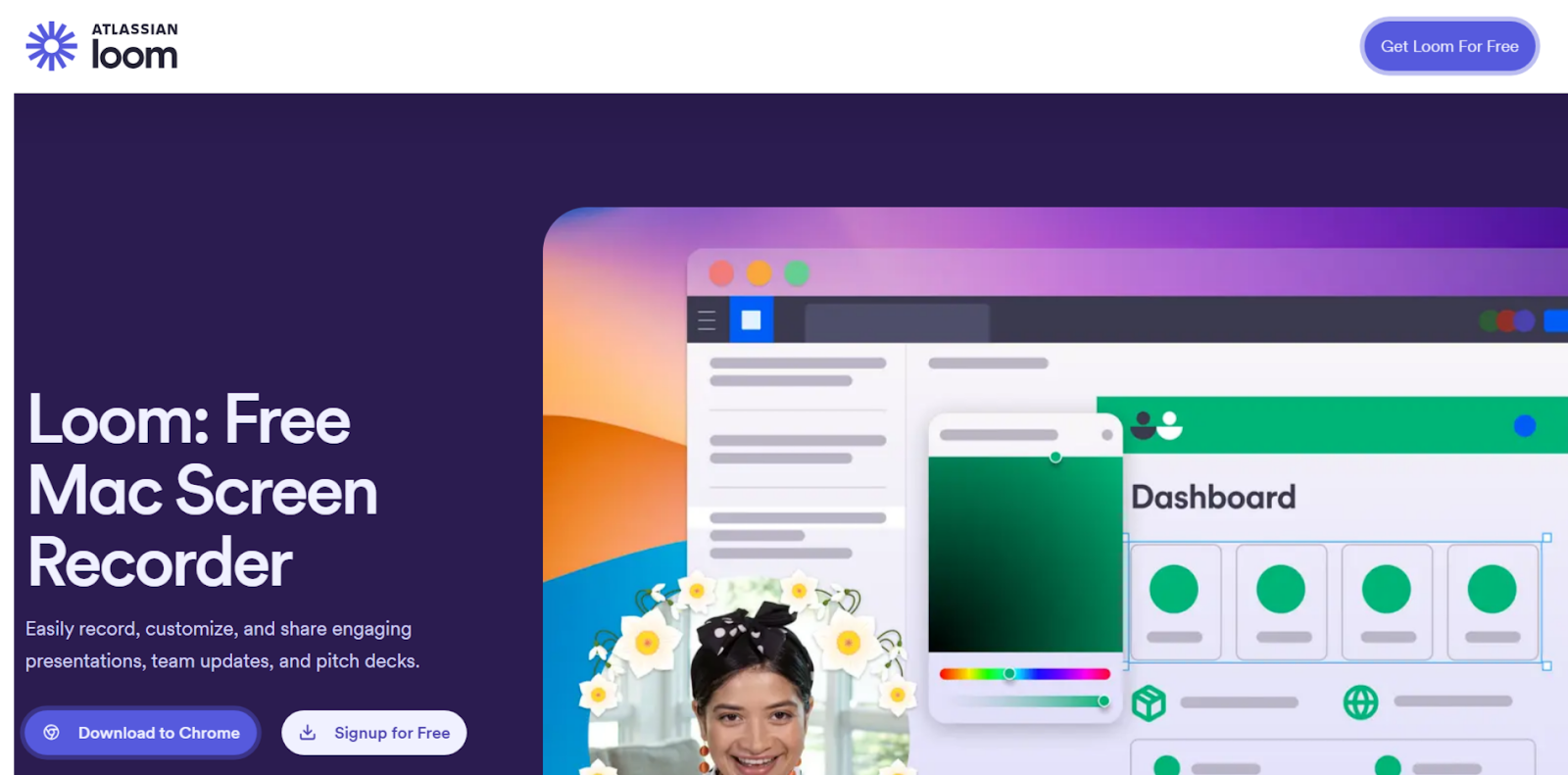 Loom advertising banner for a free Mac screen recorder, featuring a vibrant interface with video recording preview and a smiling person at the bottom.