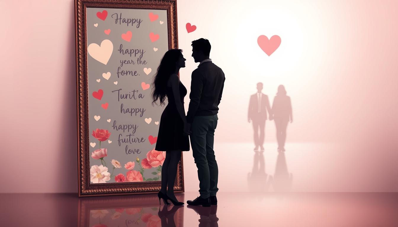 A couple standing in front of a mirror, holding hands and visualizing their happy future together. The mirror reflects an image of them as a happy couple, surrounded by hearts, flowers, and positive affirmations. In the distance, there is a faint silhouette of their previous selves, symbolizing their past relationship. The overall vibe is hopeful and romantic, emphasizing the power of manifestation and positive thinking in manifesting love.