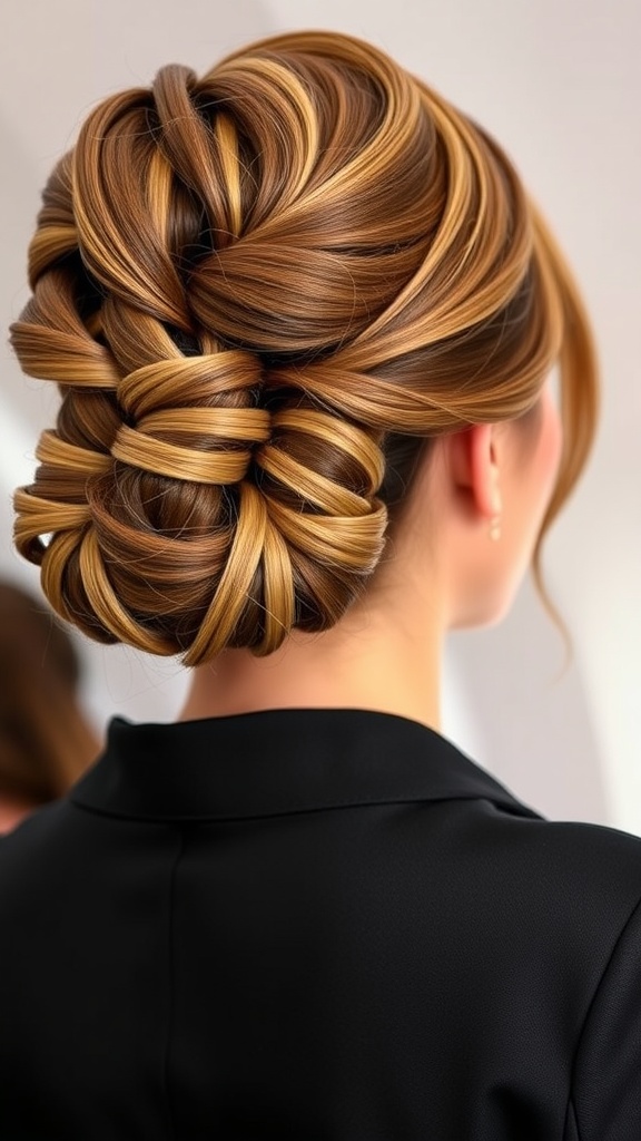 A stylish curled updo with twists, showcasing a professional airline hairstyle.