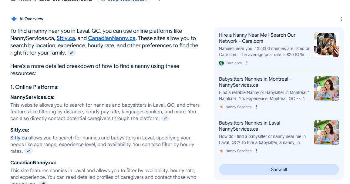 AI Overviews for the “nanny near me” query