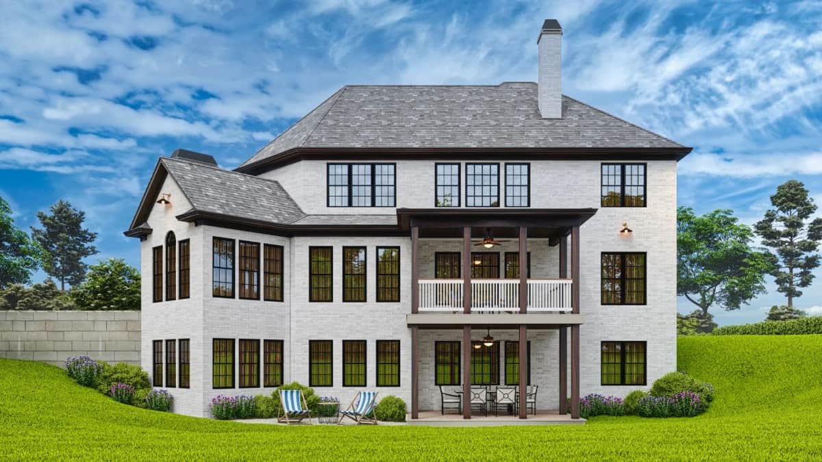 Rear exterior view with stacked porches and a multitude of windows bringing ample natural light in.