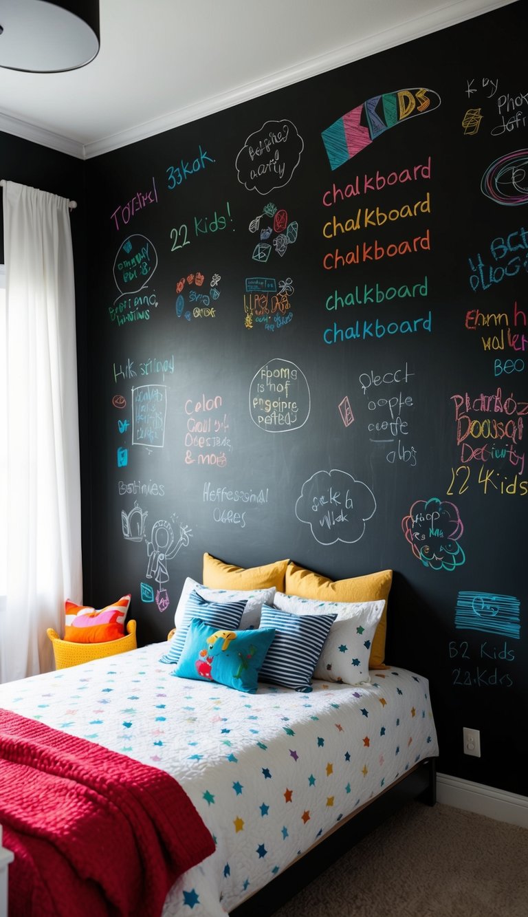 A bedroom with chalkboard wall paint, filled with colorful drawings and doodles by 22 kids