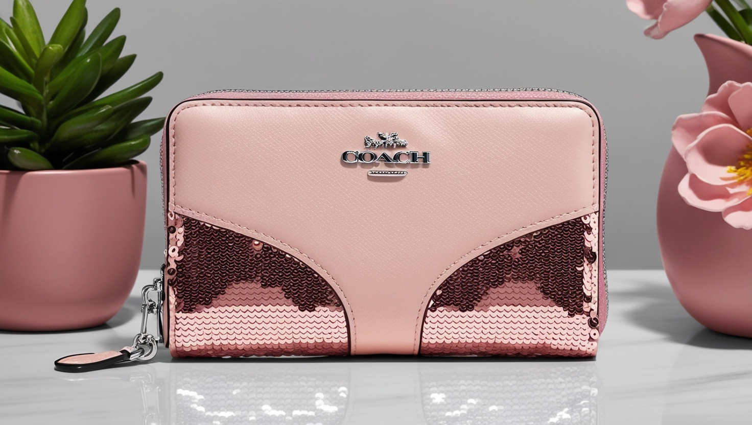 Coach Wristlet Pink Cream Silver Sequined