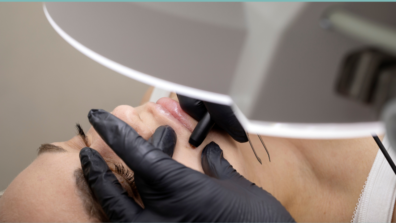 This contains an image of Electrolysis permanent hair removal service conducted on the upper lip of a client.