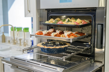 top high end appliances for your kitchen remodel thermador steam oven with vegetables and pie custom built michigan