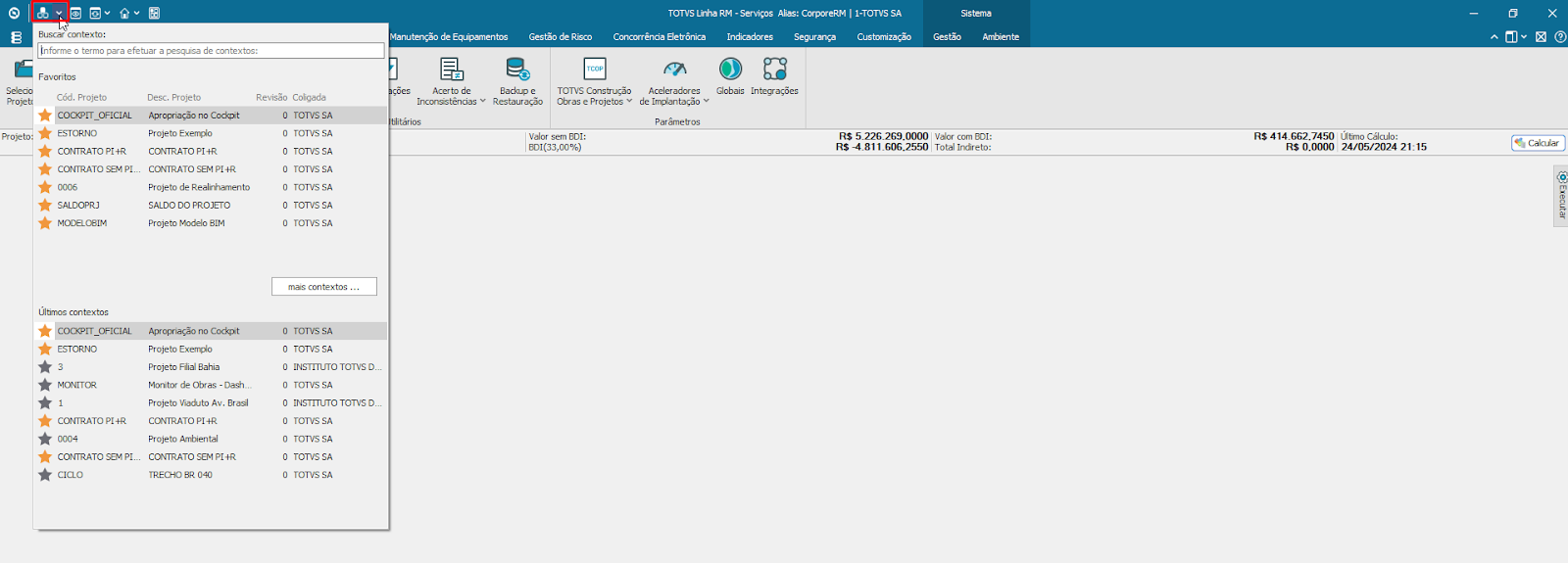 Tela da Nova Seleção de Contexto: Favoritos e Contextos Recentes, uma das melhorias do TOTVS Construção.