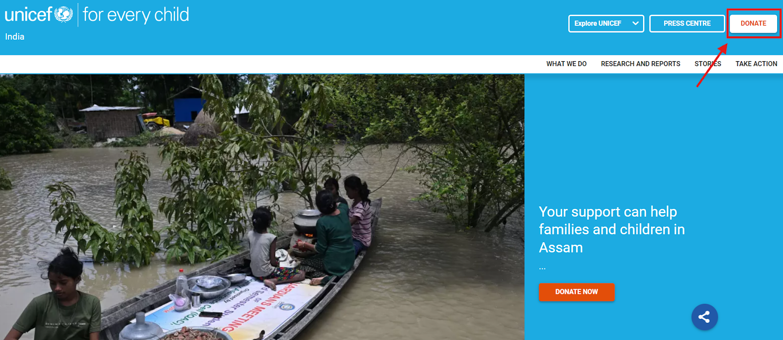 unicef india fundraising landing page