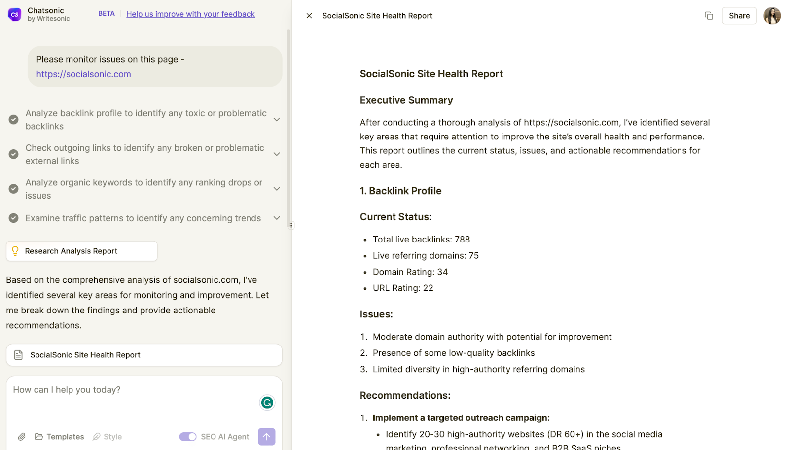 Chatsonic AI agent for monitoring SEO issues