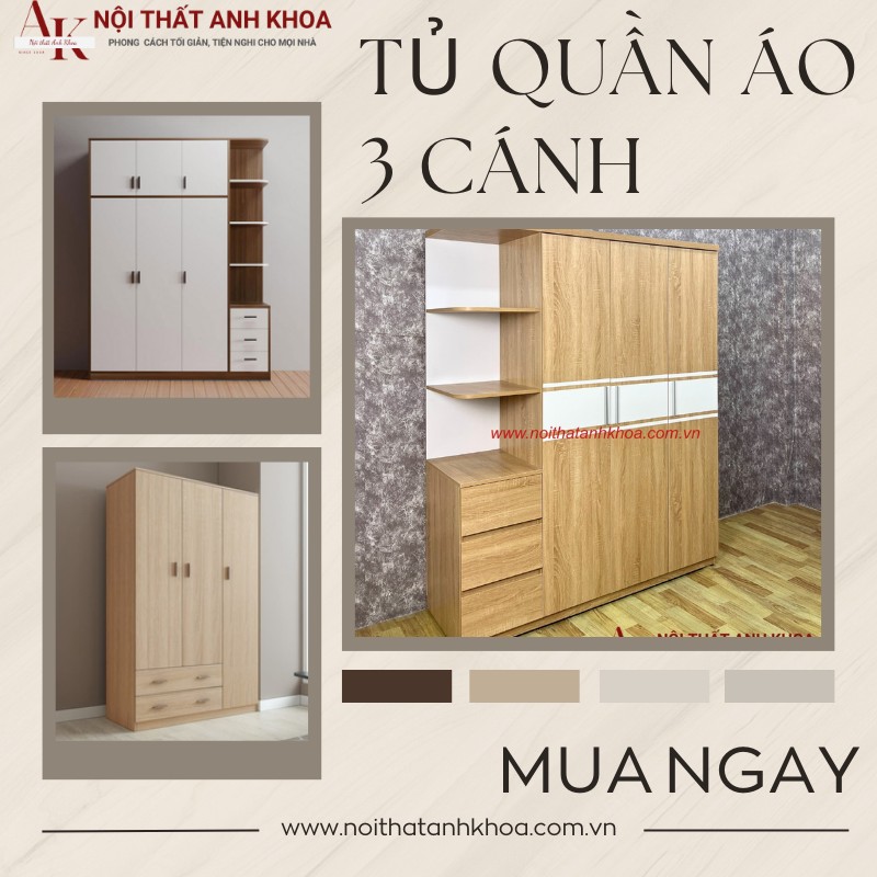 Mẫu tủ quần áo 3 cánh gỗ công nghiệp