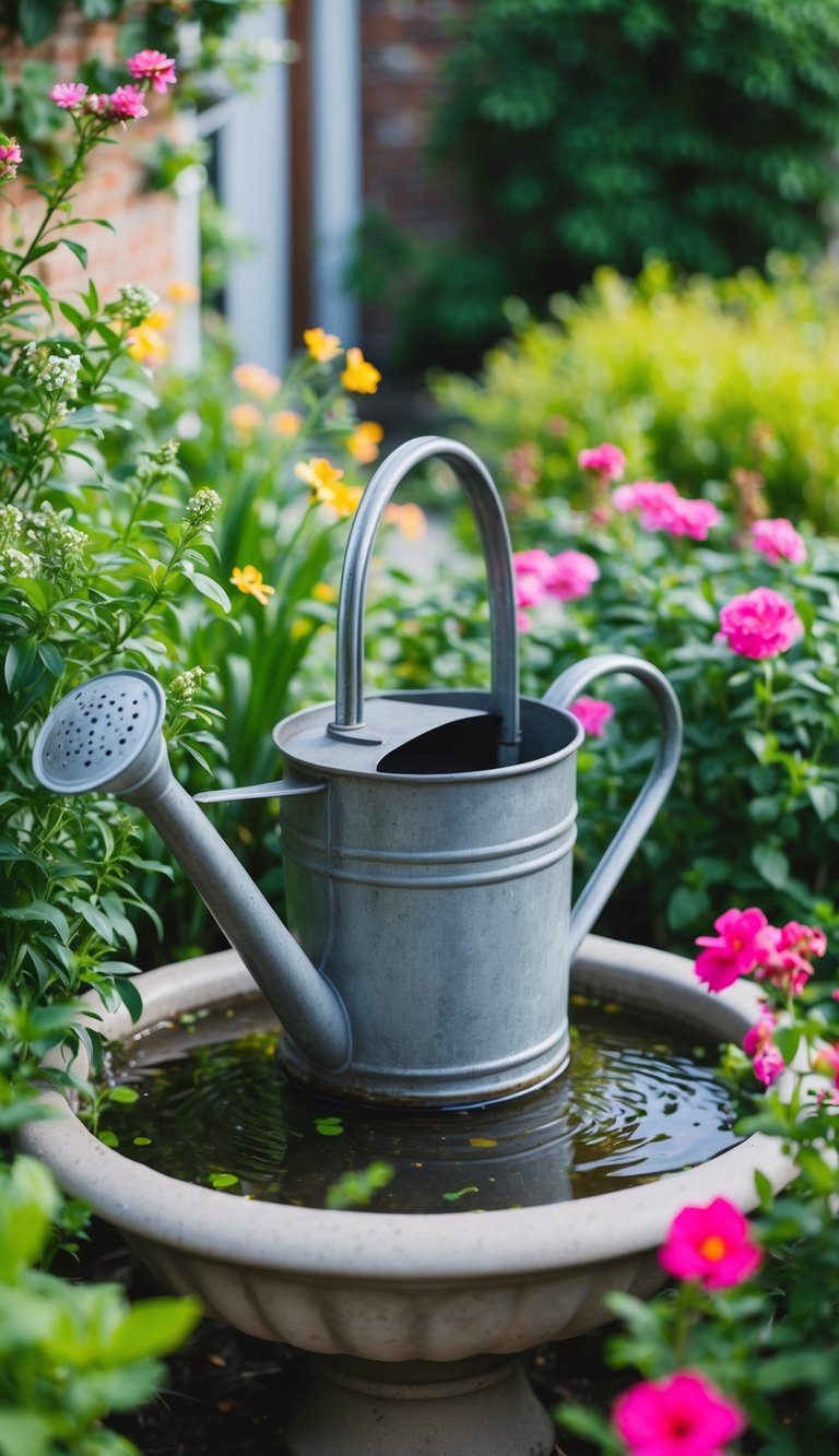 A vintage watering can fountain nestled in a lush garden corner, surrounded by blooming flowers and greenery