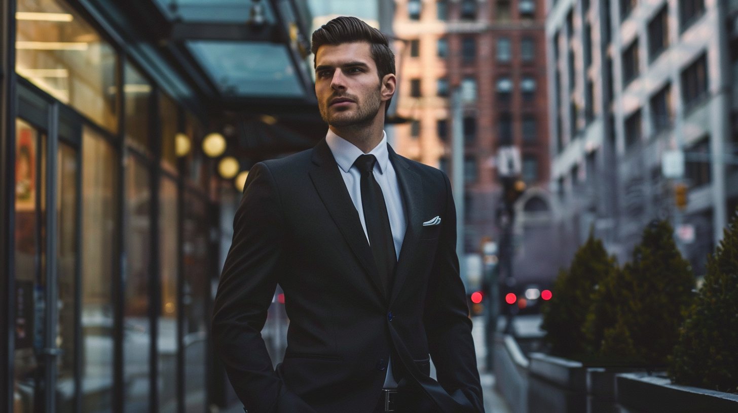A man wearing a slim fit black suit with a modern cut, narrow lapels and tapered legs, in a fashion-forward urban background