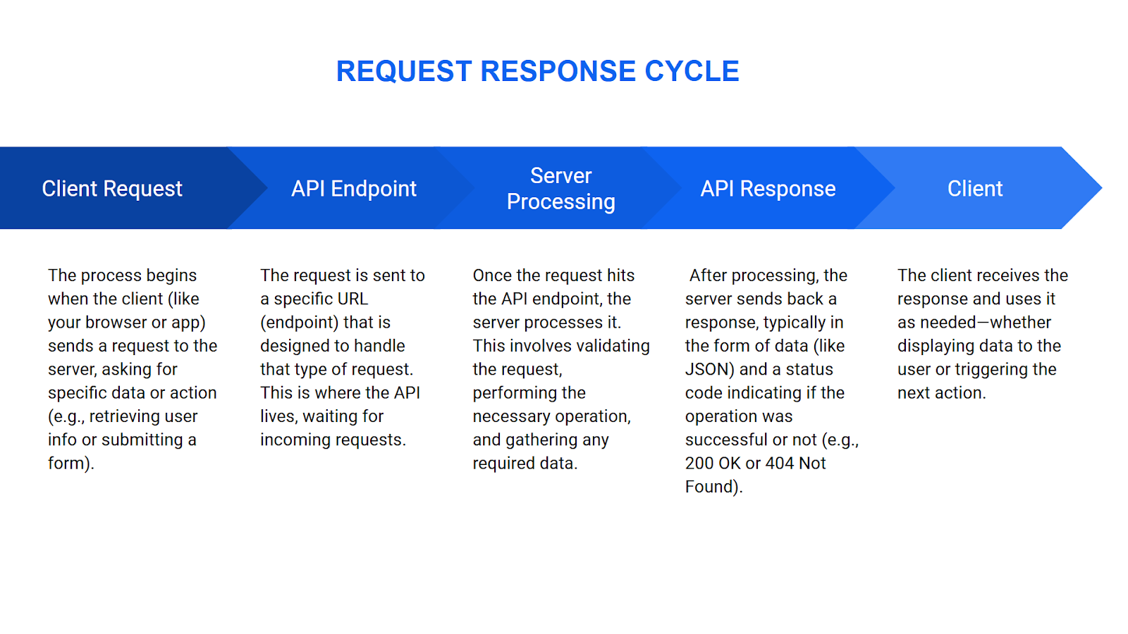 Diagram of the "Request Response Cycle" showing five steps in sequence: Client Request, API Endpoint, Server Processing, API Response, and Client. Descriptions under each step explain the process, from a client's request to receiving and using a server's response.