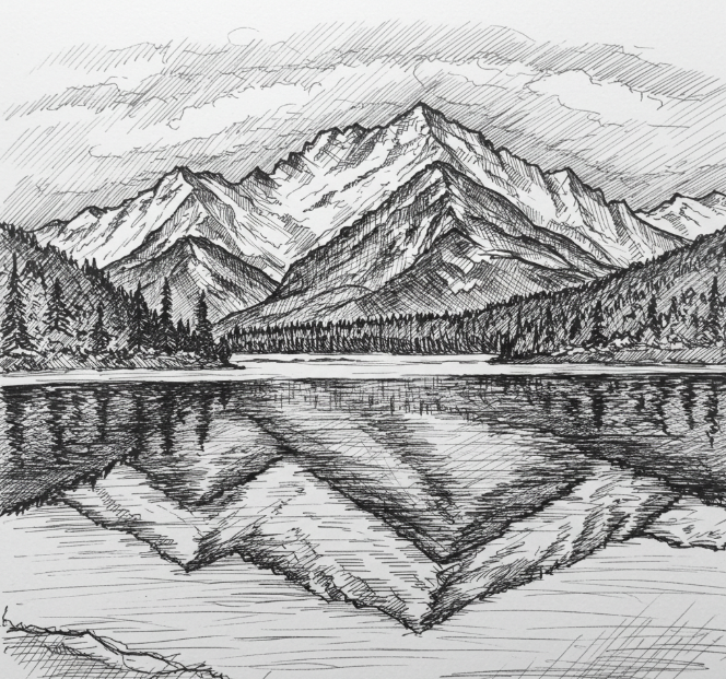 A hand-drawn sketch of a lake with a mountain view