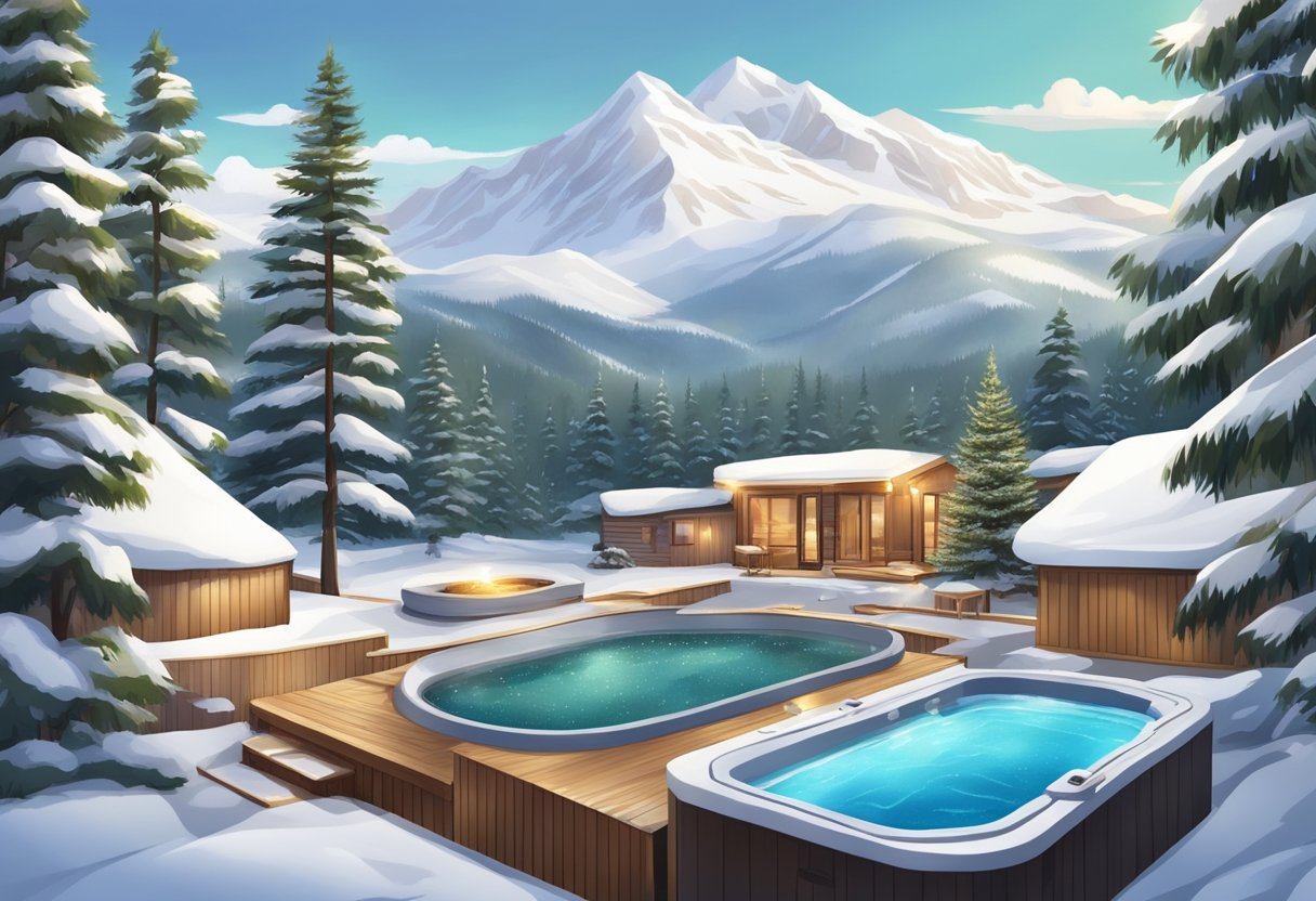 A cozy spa with snowy landscape, hot tubs, and massage rooms, surrounded by evergreen trees and mountains