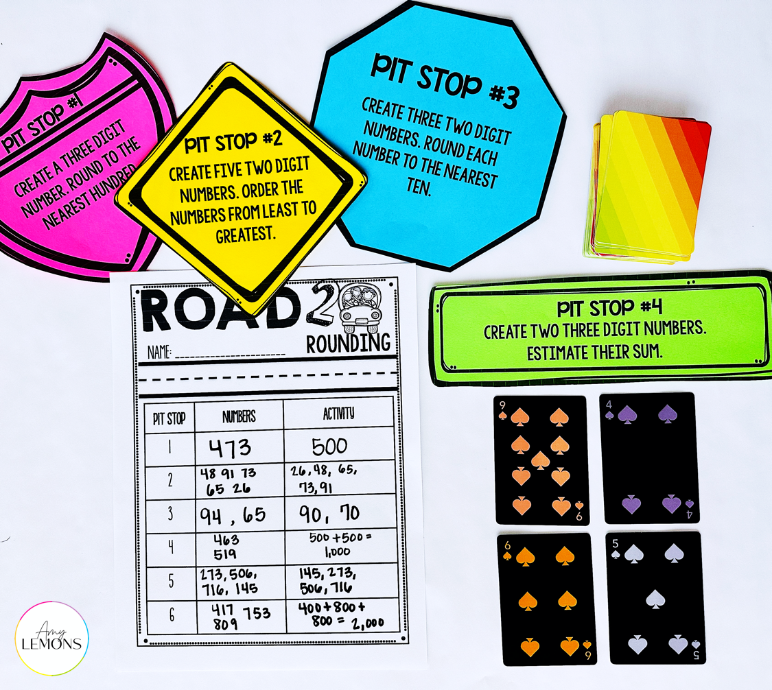 Road to Rounding card game with pit stop task cards and playing cards for practicing rounding.