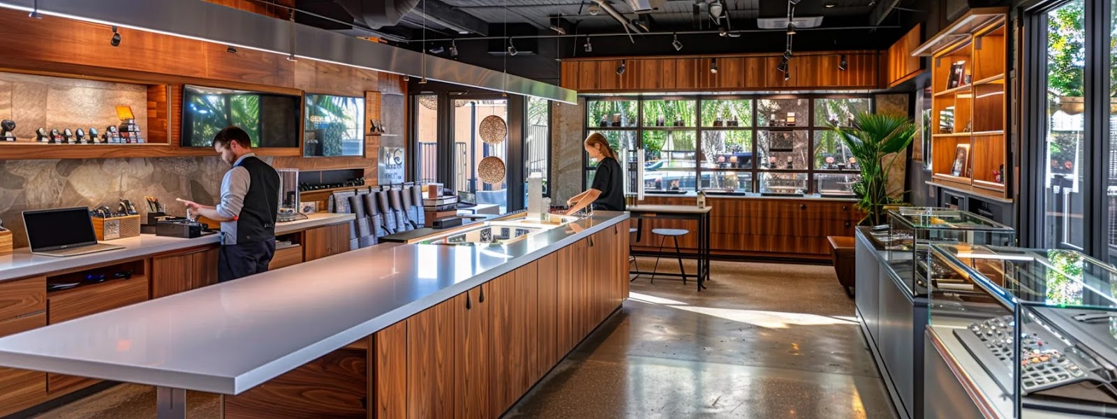 an elegant jewelry studio in tampa, showcasing a skilled jeweler collaborating with a client, surrounded by a dazzling array of premium sapphires and birthstones, with a clear view of intricate designs and layaway plans displayed on a sleek, modern workbench.