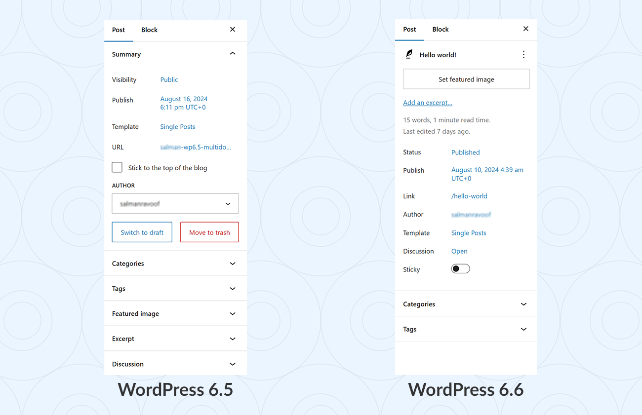 WP 6.5 vs. 6.6 Posts settings sidebar comparison