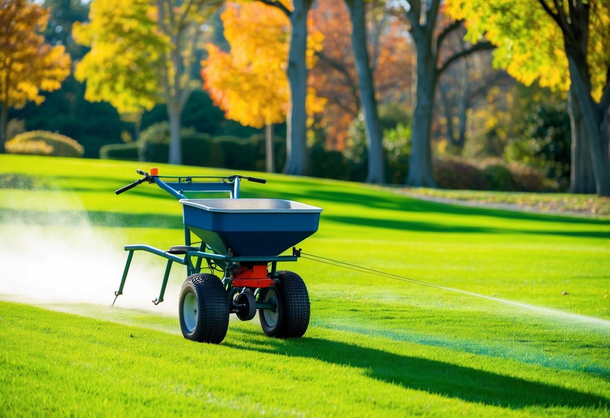 A lush green lawn with a spreader applying fertilizer on a sunny autumn day. Trees in the background show colorful fall foliage