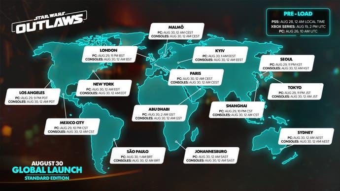 Infographic showing the global release date and time for Star Wars Outlaws in different time zones on PC, PS5 and Xbox.