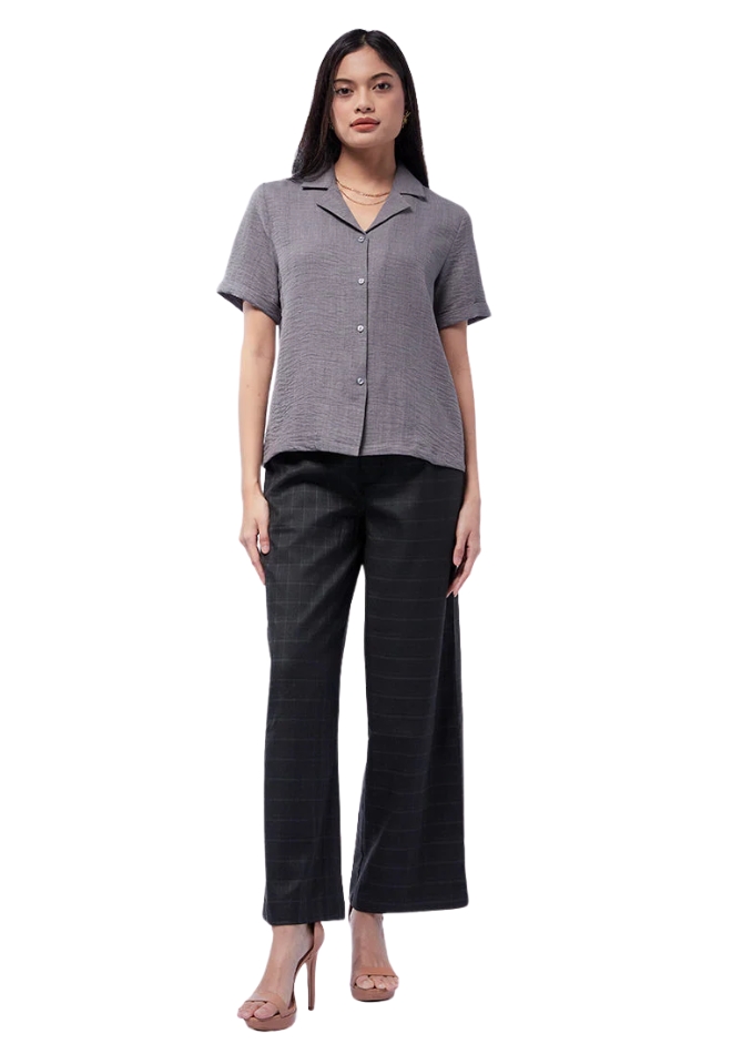 Short Sleeve Notch Collar Blouse.