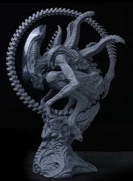 An alien 3D model with a transparent skull and a coiled tail.