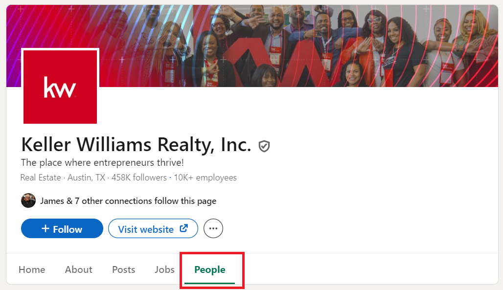 Image of Keller William LinkedIn company page with red box around the people tab