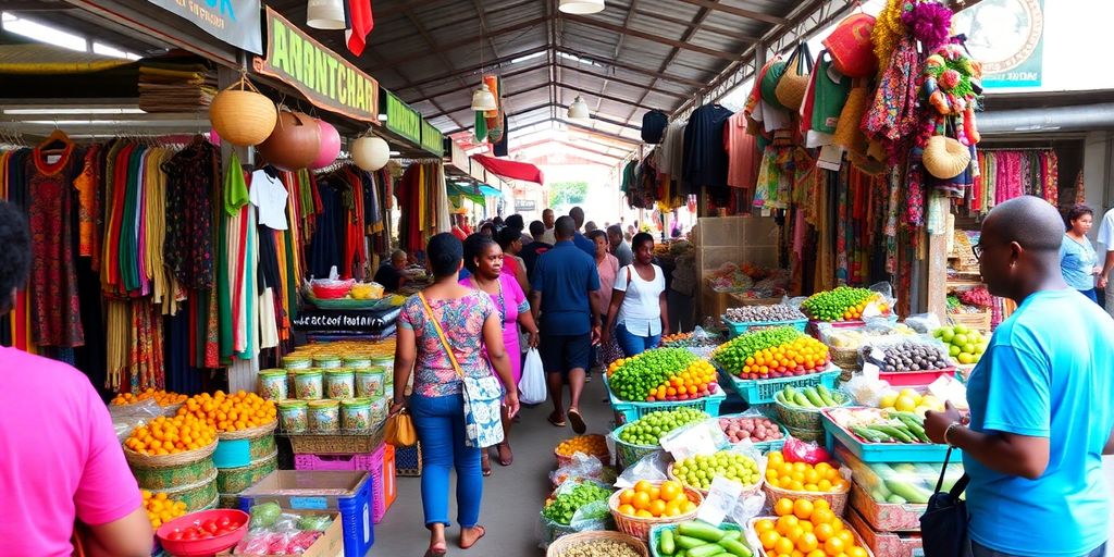 Colorful market stalls in Port of Spain bustling with activity.