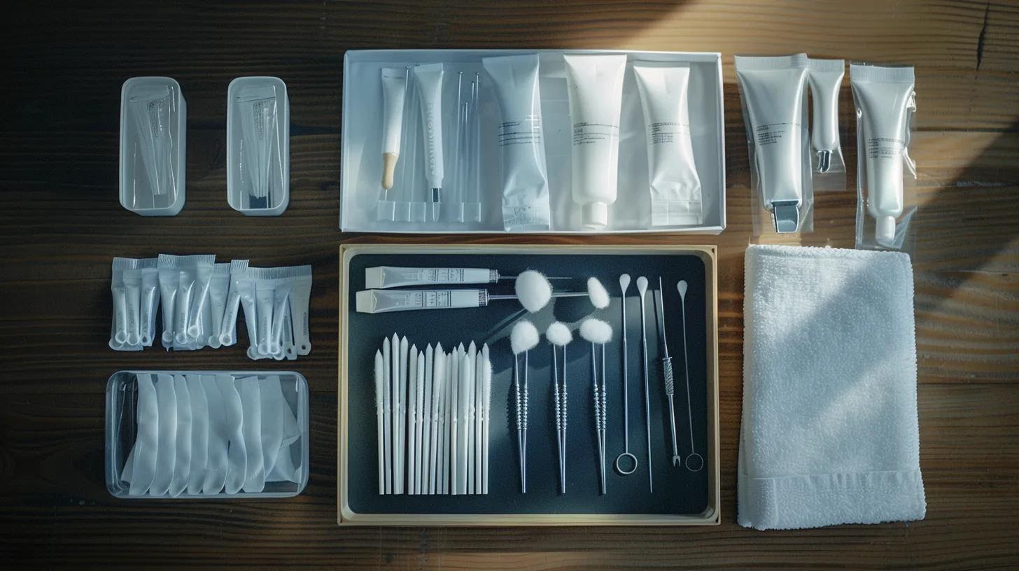 a meticulously arranged cleaning kit showcases essential fibre optic maintenance tools, including pristine cotton swabs, sleek microfiber cloths, and elegant tool holders, all set against a soft, diffused light to highlight their vivid textures and purpose.