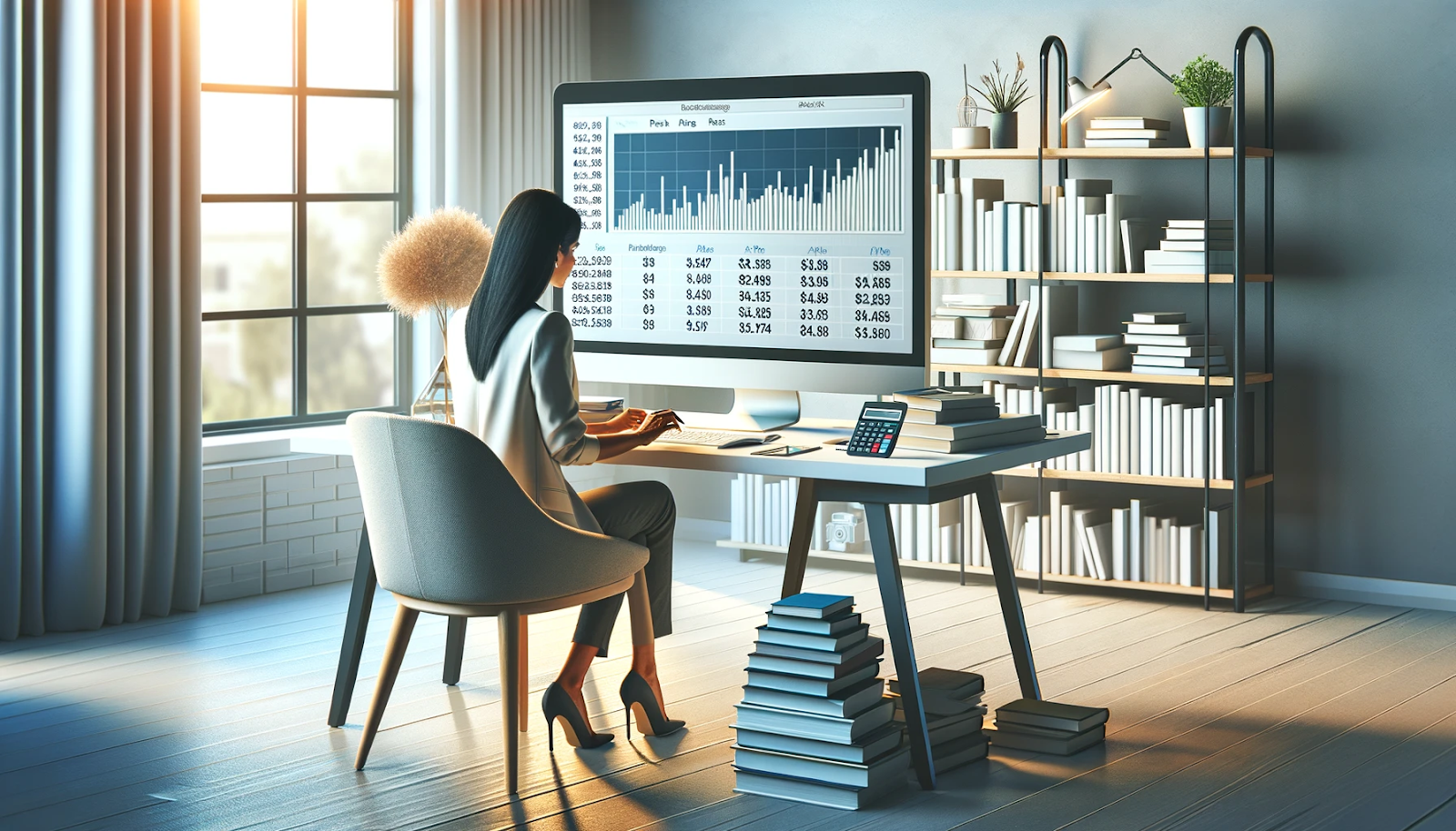 This image shows a woman with long, flowing hair, seated at a modern desk in a bright, contemporary office. She is analyzing financial data displayed on a large computer screen, which shows various graphs and numbers indicative of market trends or company performance. She wears a stylish white blazer and black pants, exuding professionalism.
