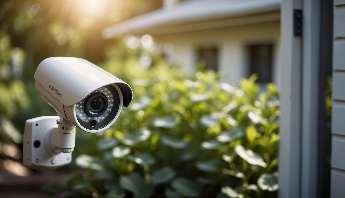 A home security system with sensors on doors and windows, surveillance cameras around the house, and motion-activated lights in the garden