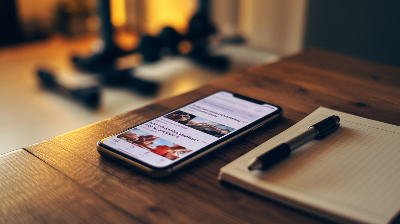 Create a realistic image of a smartphone displaying a news app with headlines related to weight loss and fitness, lying on a wooden table next to a notepad and pen, with a blurred background of exercise equipment in a home setting, warm lighting emphasizing the screen's glow.