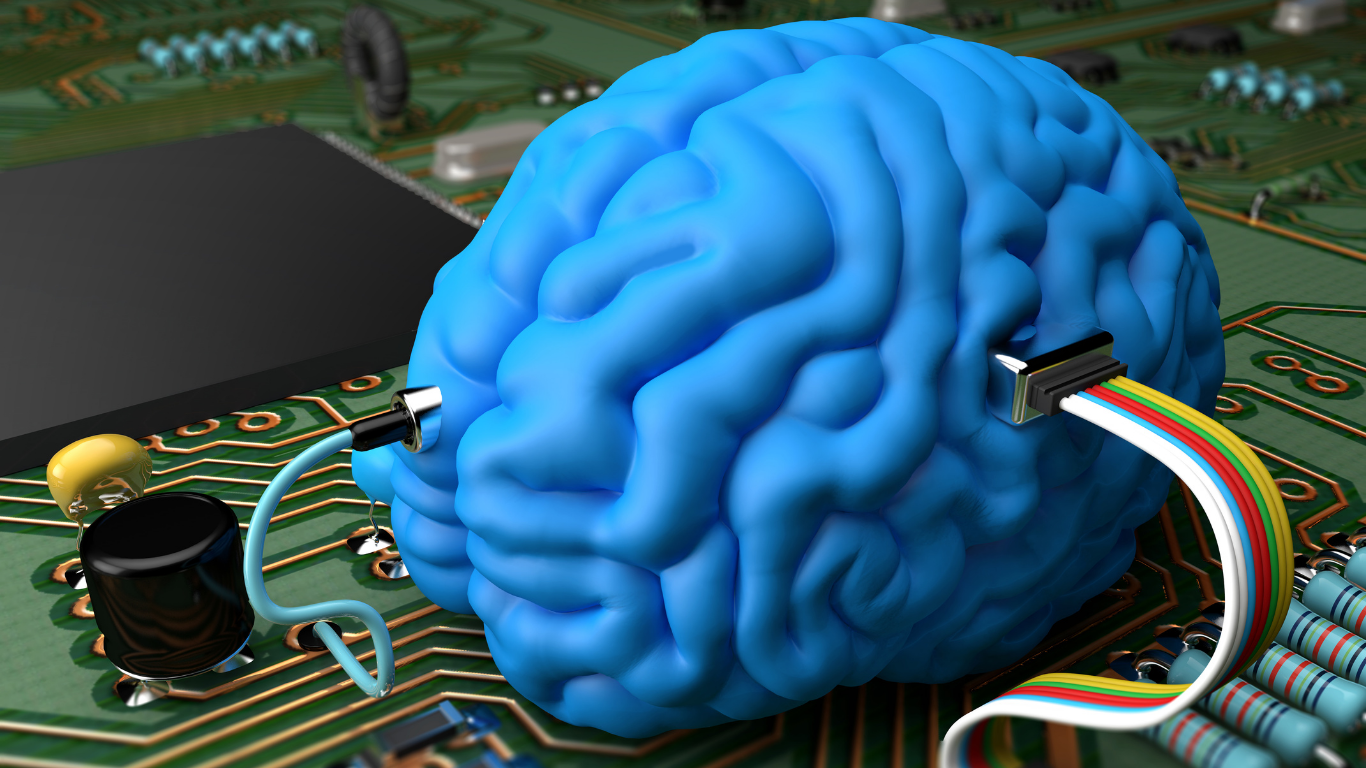 A Brain hooked to a computer board depicting memory