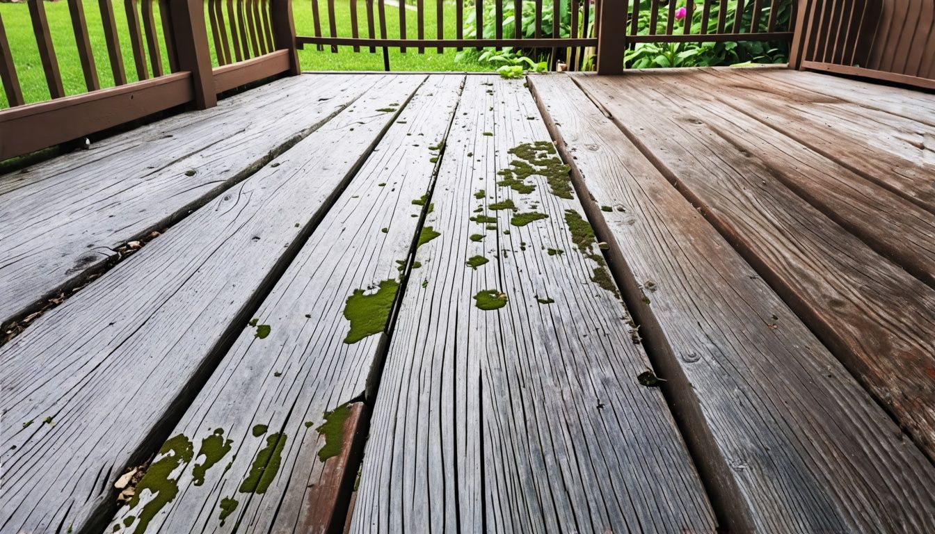 A neglected backyard wooden deck in need of regular maintenance.