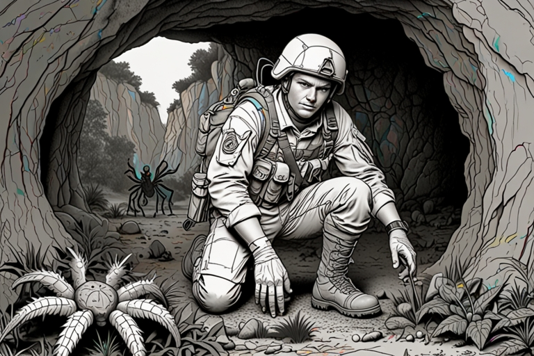 Color Page for Soldier and Spider in Cave Printable Free