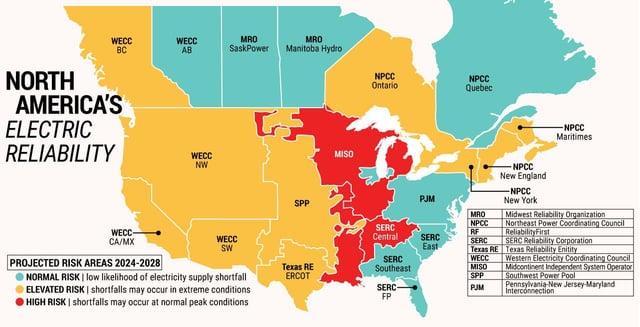 r/MapPorn - North America electric reliability projected for 2024-2028