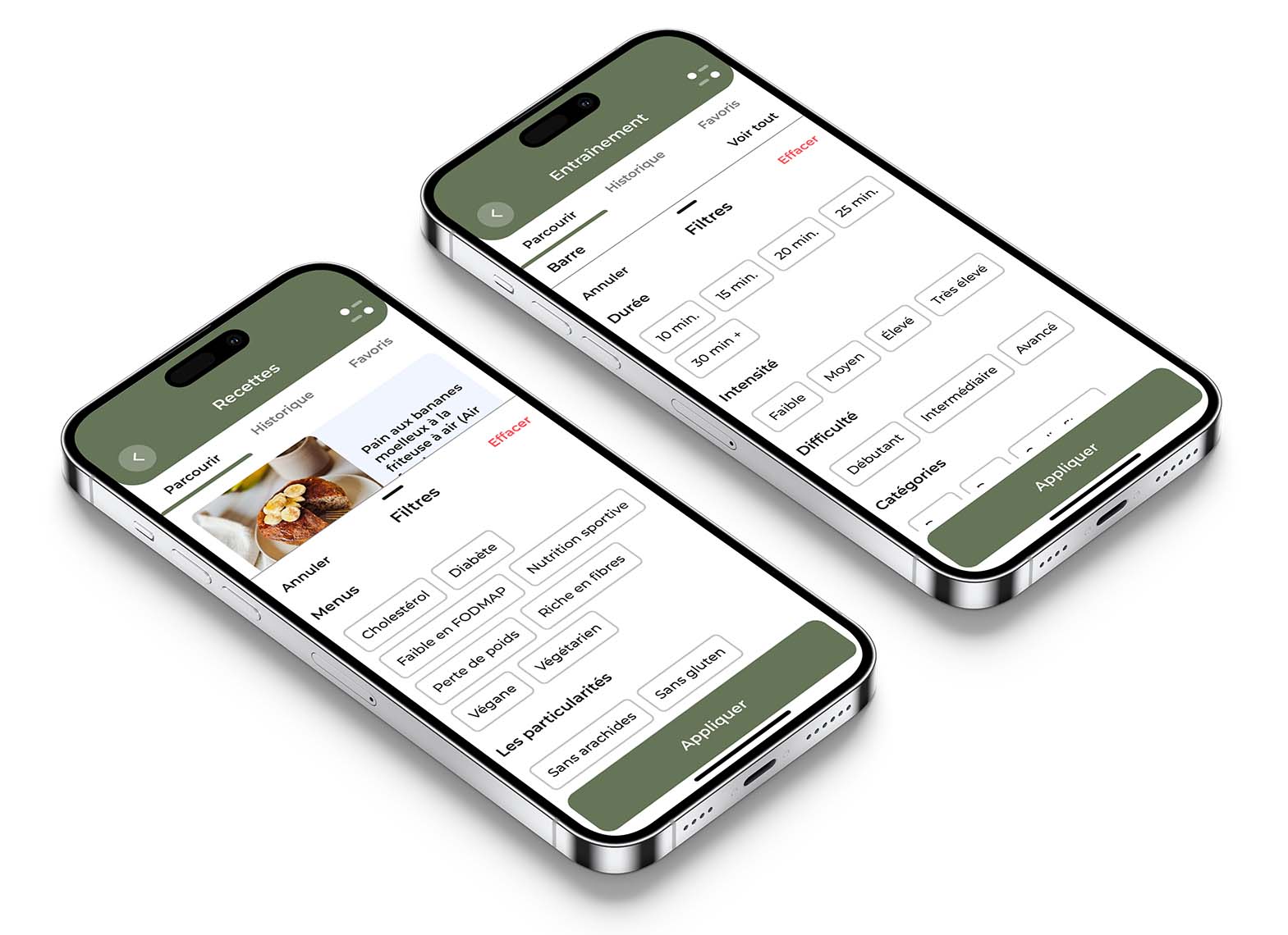 Deux captures d'écran de l'application de bien-être KoalaPro montrant des options de filtres pour les recettes et les entraînements, permettant de sélectionner des critères spécifiques tels que la durée, l'intensité, les régimes alimentaires, et les particularités nutritionnelles.