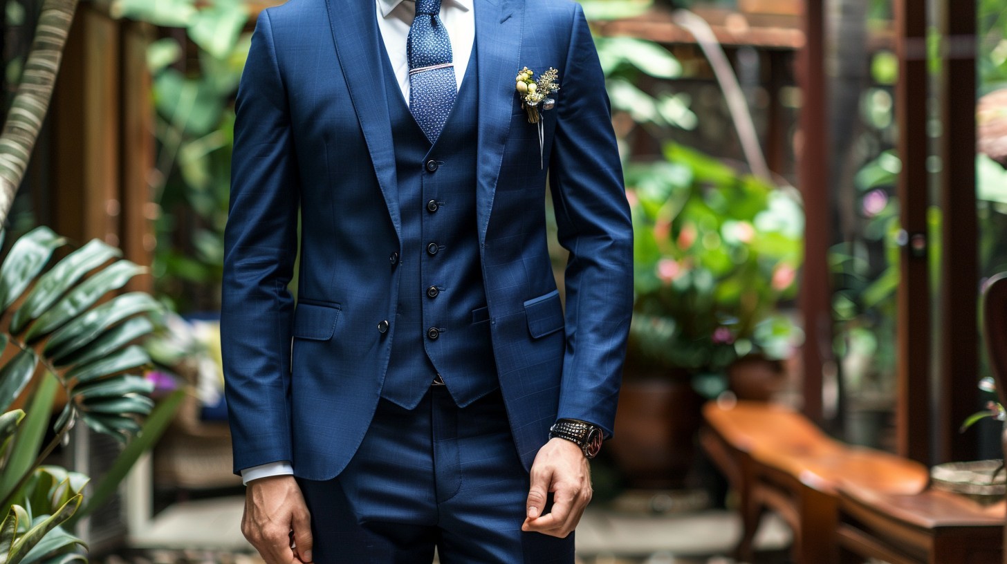 A man wearing a tailored navy two-piece suit with a crisp white shirt and a matching tie. He completes the look with polished leather dress shoes. The background is a stylish semi-formal wedding venue, indoors or garden.